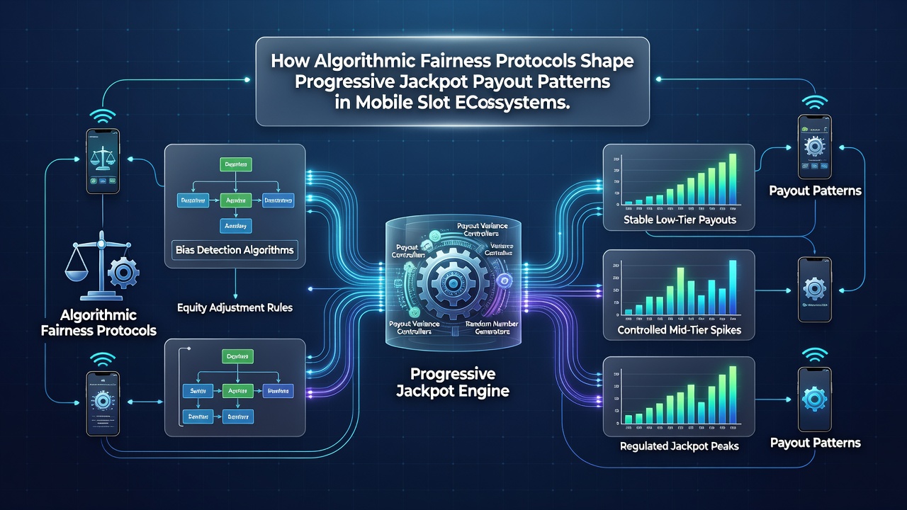 Mobile device displaying a progressive jackpot screen with fairness metrics overlay